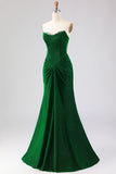 Vestido longo de baile de baile de cetim verde-escuro com alças e renda nas costas