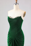Vestido longo de baile de baile de cetim verde-escuro com alças e renda nas costas