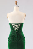 Vestido longo de baile de baile de cetim verde-escuro com alças e renda nas costas