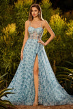 Vestido de baile longo de finalistas com fita de finalistas azul floral com missangas e contas