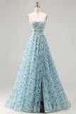 Vestido de Baile Longo Conversível Conversível Azul Floral A-Line Sem Alças com Fenda