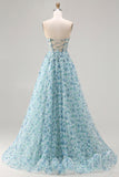 Vestido de Baile Longo Conversível Conversível Azul Floral A-Line Sem Alças com Fenda