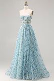 Vestido de Baile Longo Conversível Conversível Azul Floral A-Line Sem Alças com Fenda
