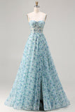 Vestido de Baile Longo Conversível Conversível Azul Floral A-Line Sem Alças com Fenda