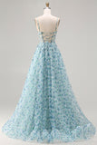 Vestido de Baile Longo Conversível Conversível Azul Floral A-Line Sem Alças com Fenda