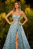 Vestido de baile longo de finalistas com fita de finalistas azul floral com missangas e contas