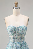 Vestido de Baile Longo Conversível Conversível Azul Floral A-Line Sem Alças com Fenda