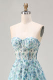 Vestido de Baile Longo Conversível Conversível Azul Floral A-Line Sem Alças com Fenda