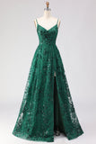 Verde Escuro Linha A de Lantejoulas Renda Bordada Atrás Vestido de Baile Longo com Fenda