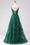Verde Escuro Linha A de Lantejoulas Renda Bordada Atrás Vestido de Baile Longo com Fenda