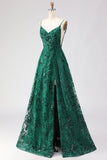 Verde Escuro Linha A de Lantejoulas Renda Bordada Atrás Vestido de Baile Longo com Fenda