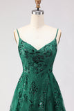 Verde Escuro Linha A de Lantejoulas Renda Bordada Atrás Vestido de Baile Longo com Fenda