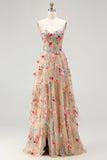 Flor de champanhe Espartilho A Linha Folhos Vestido de Baile Longo com Fenda