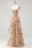 Flor de champanhe Espartilho A Linha Folhos Vestido de Baile Longo com Fenda