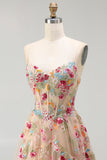 Flor de champanhe Espartilho A Linha Folhos Vestido de Baile Longo com Fenda