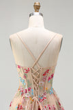 Flor de champanhe Espartilho A Linha Folhos Vestido de Baile Longo com Fenda