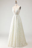 Branco Amarelo Floral Vestido de Baile de Finalistas Longo com Decote em V e Costas Abertas com Flores 3D