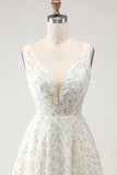 Branco Amarelo Floral Vestido de Baile de Finalistas Longo com Decote em V e Costas Abertas com Flores 3D