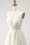 Branco Amarelo Floral Vestido de Baile de Finalistas Longo com Decote em V e Costas Abertas com Flores 3D