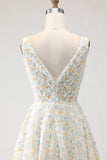 Branco Amarelo Floral Vestido de Baile de Finalistas Longo com Decote em V e Costas Abertas com Flores 3D