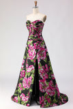 Vestido de Baile de Finalistas Longo Jacquard Floral Floral A Line Strapless