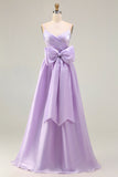 Vestido comprido de baile de finalista com alças finas e alças finas em linha A lilás, com laço