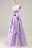 Vestido comprido de baile de finalista com alças finas e alças finas em linha A lilás, com laço