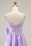 Vestido comprido de baile de finalista com alças finas e alças finas em linha A lilás, com laço