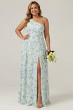 Vestido Comprido de Dama de Honor Azul e Branco com Estampado Floral e Racha