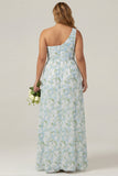 Vestido Comprido de Dama de Honor Azul e Branco com Estampado Floral e Racha