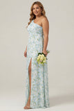 Vestido Comprido de Dama de Honor Azul e Branco com Estampado Floral e Racha
