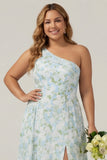 Vestido Comprido de Dama de Honor Azul e Branco com Estampado Floral e Racha