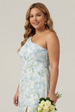Vestido Comprido de Dama de Honor Azul e Branco com Estampado Floral e Racha