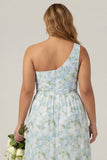 Vestido Comprido de Dama de Honor Azul e Branco com Estampado Floral e Racha