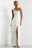 Vestido Comprido de Dama de Honor com Um Ombro Estampado Floral Branca e Azul