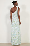 Vestido Comprido de Dama de Honor com Um Ombro Estampado Floral Branca e Azul