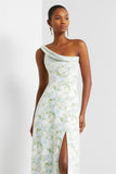 Vestido Comprido de Dama de Honor com Um Ombro Estampado Floral Branca e Azul