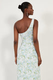Vestido Comprido de Dama de Honor com Um Ombro Estampado Floral Branca e Azul