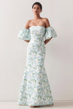Vestido Comprido Azul e Branca com Estampado Floral e Ombros a Ombro para Damas de Honor