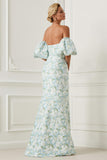 Vestido Comprido Azul e Branca com Estampado Floral e Ombros a Ombro para Damas de Honor