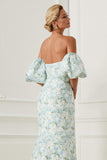 Vestido Comprido Azul e Branca com Estampado Floral e Ombros a Ombro para Damas de Honor
