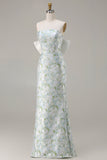 Vestido de Dama de Honor Longo Sereia Sem Alças com Estampado Floral Branco e Azul e Laço