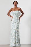 Vestido de Dama de Honor Longo Sereia Sem Alças com Estampado Floral Branco e Azul e Laço