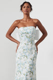 Vestido Comprido Sereia Branca e Azul com Estampado Floral e Laço para Dama de Honor