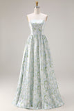 Vestido de Dama de Honor Comprido Azul Branca com Estampado Floral Sem Alças e Linha A