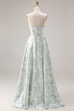 Vestido de Dama de Honor Comprido Azul Branca com Estampado Floral Sem Alças e Linha A