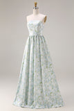 Vestido de Dama de Honor Comprido Azul Branca com Estampado Floral Sem Alças e Linha A