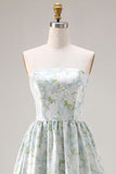 Vestido de Dama de Honor Comprido Azul Branca com Estampado Floral Sem Alças e Linha A