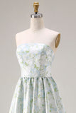 Vestido de Dama de Honor Comprido Azul Branca com Estampado Floral Sem Alças e Linha A