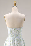 Vestido de Dama de Honor Comprido Azul Branca com Estampado Floral Sem Alças e Linha A